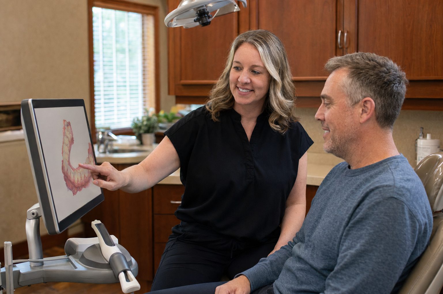 Dental team member showing a patient a 3D intraoral scan of their teeth at Magnolia Smiles in Woodstock, GA