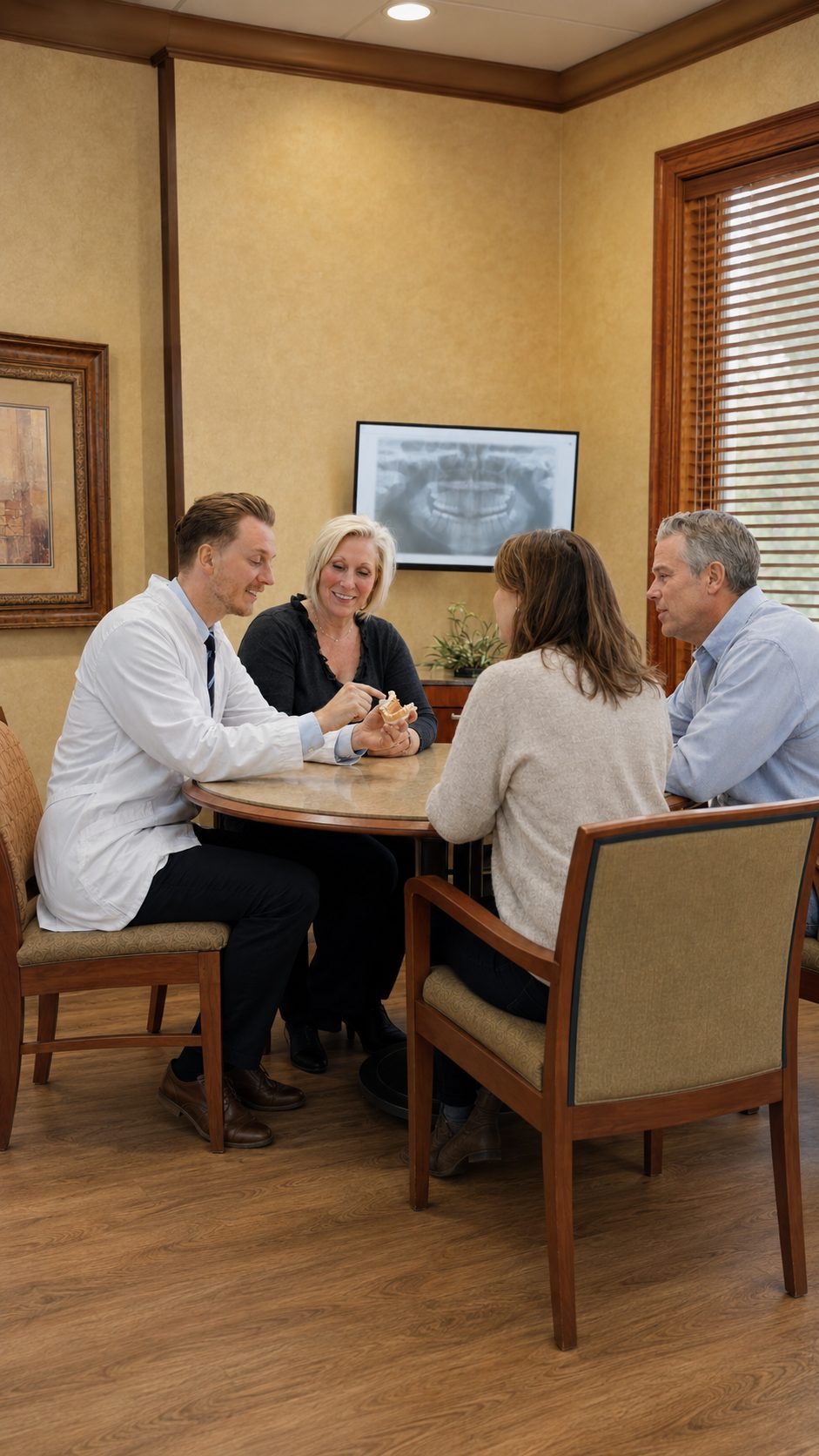 Dentist reviewing a treatment plan and dental model with a patient and family in the consultation room at Magnolia Smiles in Woodstock, GA