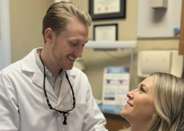 Dr. Zack Finnegan talking with a smiling patient in a treatment room at Magnolia Smiles in Woodstock, GA
