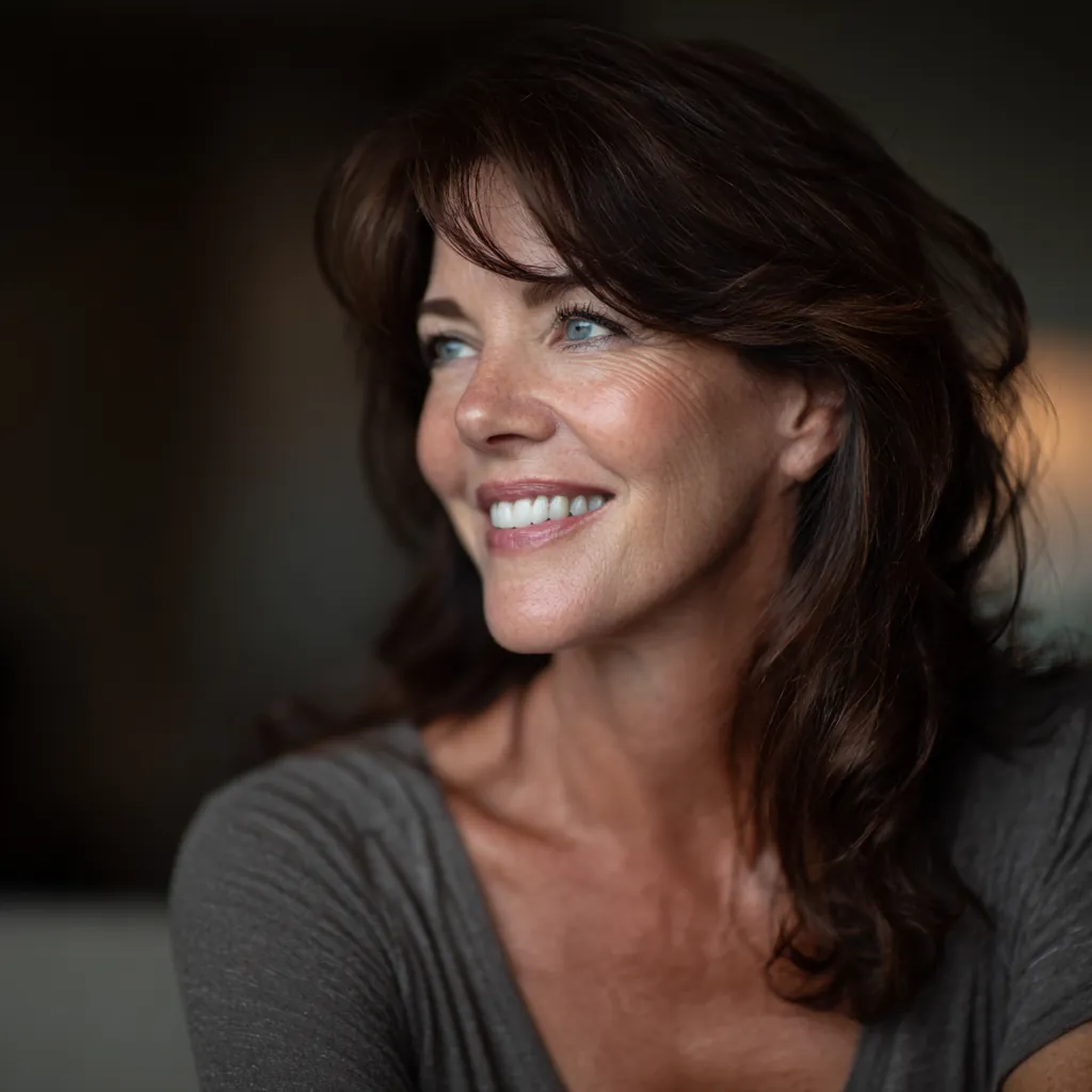 Smiling woman in her fifties with a healthy, natural-looking smile